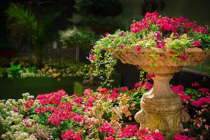 english flower garden stone planter red flowers