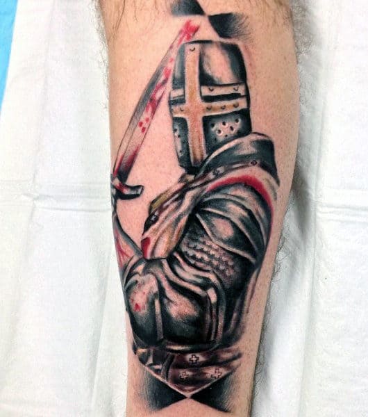 English Knight Tattoo For Guys On Back Of Leg