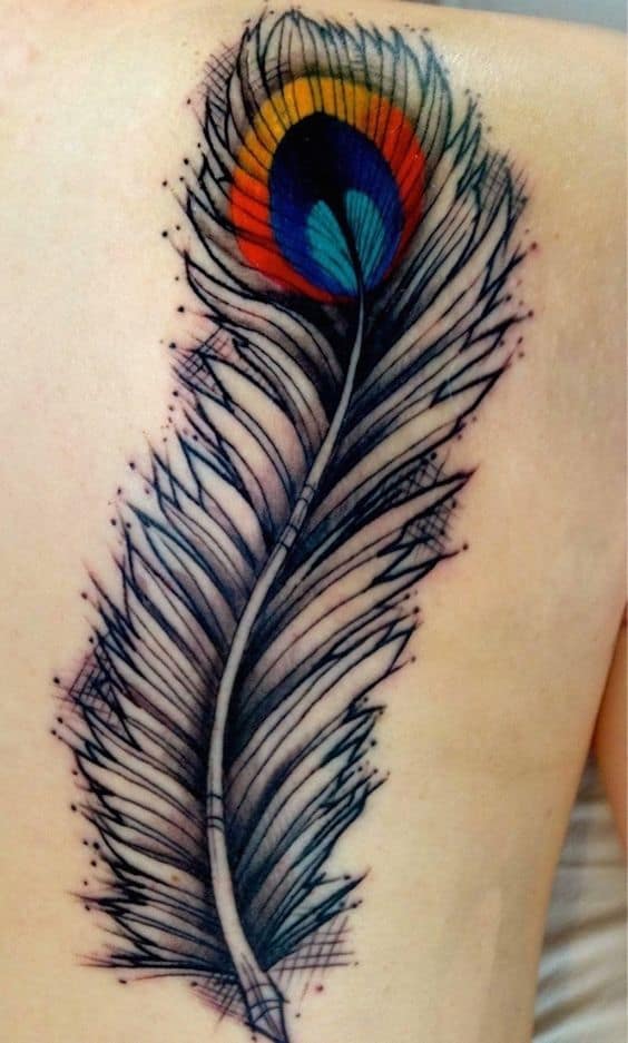 Vibrant peacock feather tattoo on the back, featuring bold black ink strokes with a colorful eye in shades of blue, red, orange, and yellow.