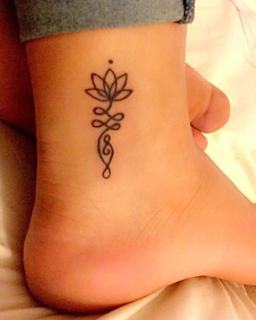 Unalome tattoo with a lotus on the ankle, symbolizing spiritual growth, enlightenment, and the journey toward inner peace.