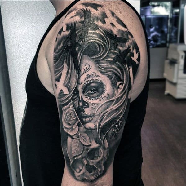 Enticing Grey Black Day Of The Dead Lady Tattoo Mens Arms