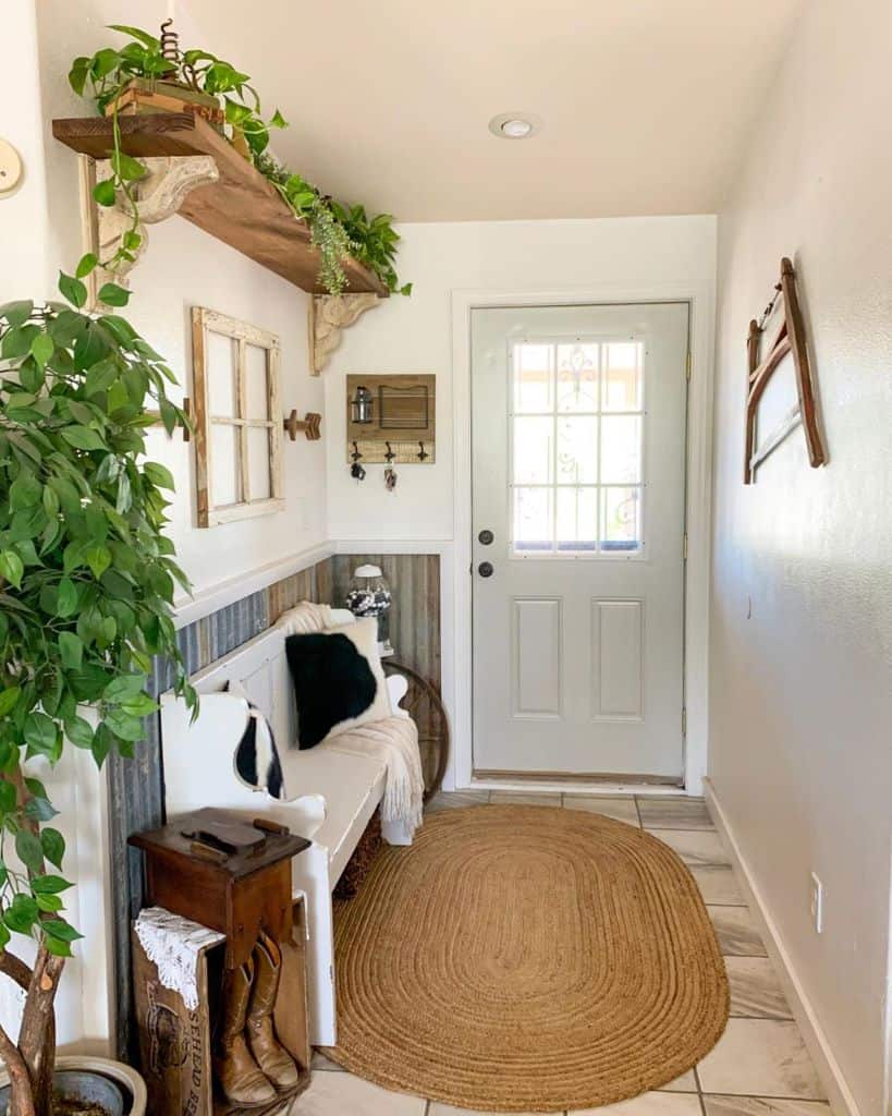 modern farmhouse entryway with bench seat