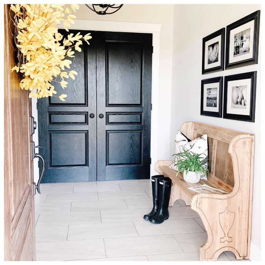 double black door entryway modern farmhouse wood bench seat