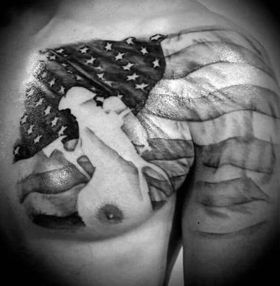 Epic Firefighter American Flag Chest And Arm Mens Tattoo Designs