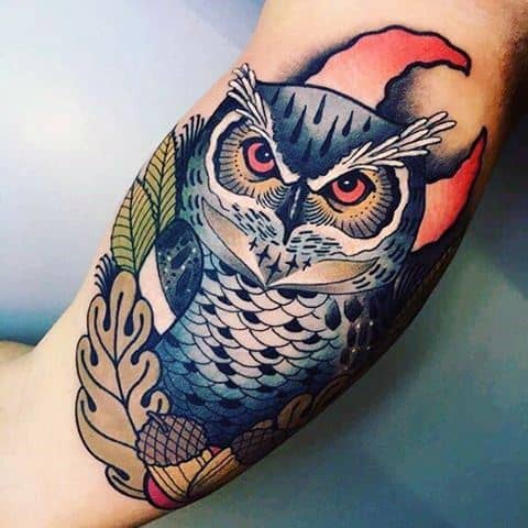 Epic Guys Neo Traditional Owl Moon Inner Arm Bicep Tattoo Designs
