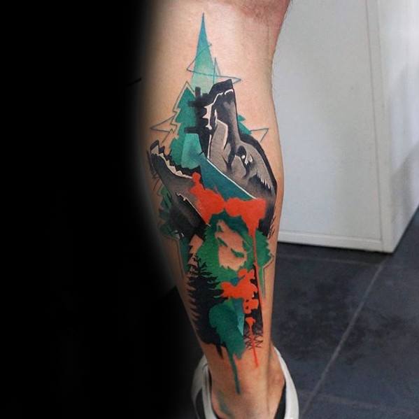 Epic Guys Wolf Watercolor Back Of Leg Tattoos