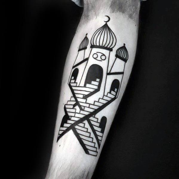Tattoo of a surreal temple with domes, crescent moon, and crisscrossing staircases forming an optical illusion.