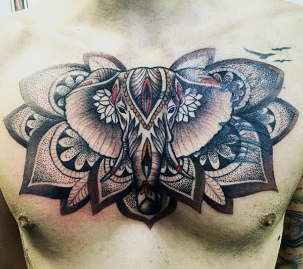Ethnic Designed Elephant Tattoo Males Chest