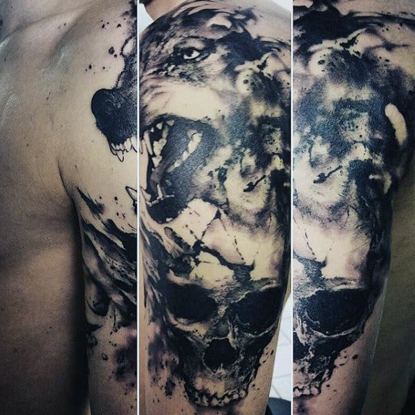 Evil Beast And Skull Watercolor Tattoo For Guys On Arms