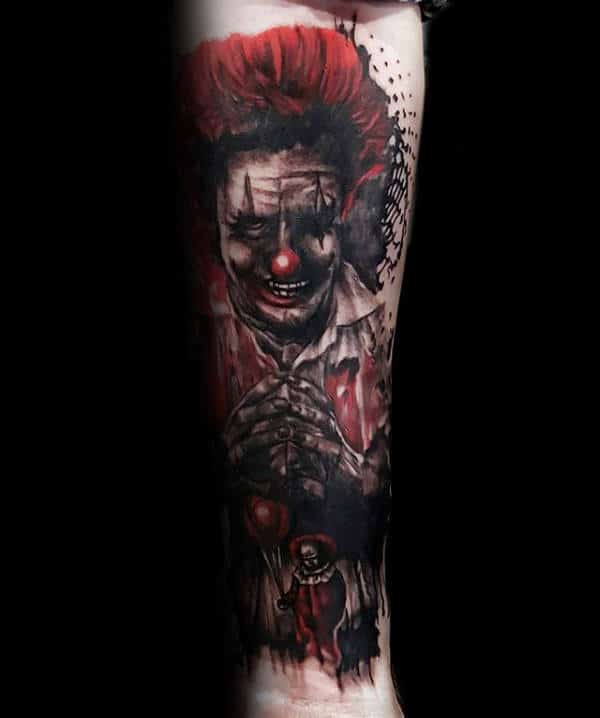 Evil Clown Red And Black Ink Mens Trash Polka Forearm Tattoos