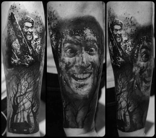 Black and grey Evil Dead tattoo of Ash with a crazed expression, trees surrounding a lonely cabin, and a gritty splatter effect throughout.