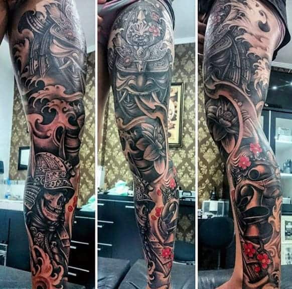 evil-samurai-mask-and-skull-warrior-full-sleeve-tattoo-for-guys