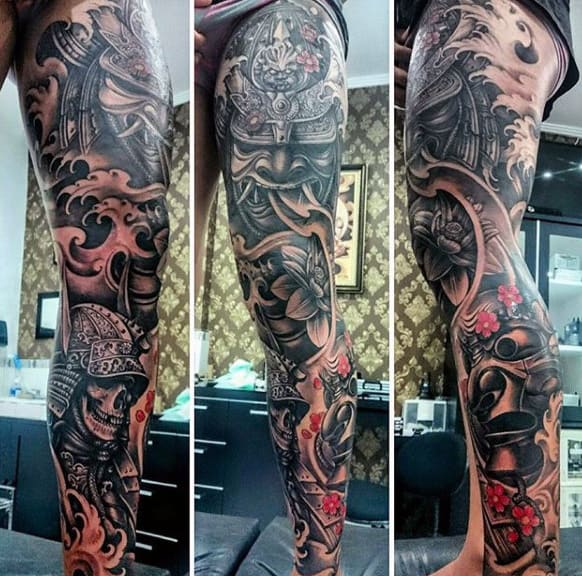 Evil Samurai Mask And Skull Warrior Full Sleeve Tattoo For Guys