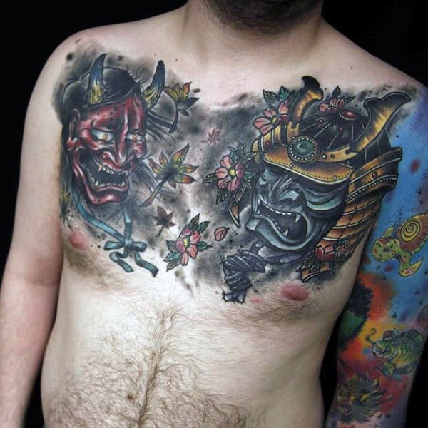 Evil Samurai Masks And Flowers Chest Tattoo For Men