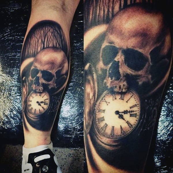 Evil Skull Biting Into Pocket Watch Tattoos On Calves For Men