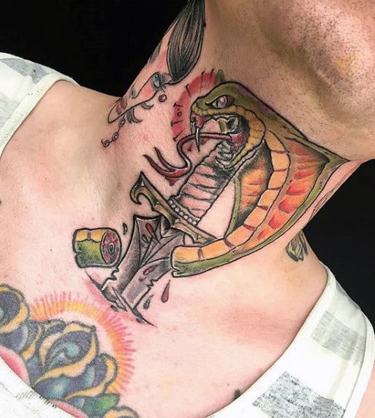 Throat tattoo of a fierce cobra wrapped around a dagger, featuring bold colors, sharp fangs, and dynamic details with blood splatters