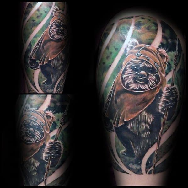 Realistic Ewok tattoo with earthy tones, standing in a lush forest setting, framed by curved white streaks across the design.