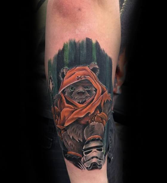 Intense Ewok tattoo with glowing green eyes, sitting in a forest clearing and gripping a Stormtrooper helmet with a fierce expression.