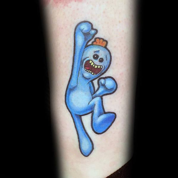 Tattoo of Mr. Meeseeks from Rick and Morty in a dynamic pose, jumping with one arm raised and a distressed expression.