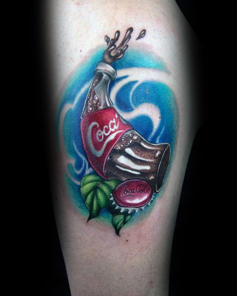 Dynamic Coca-Cola bottle tattoo with a broken glass effect, vibrant colors, and a swirling blue background for a bold and artistic look.