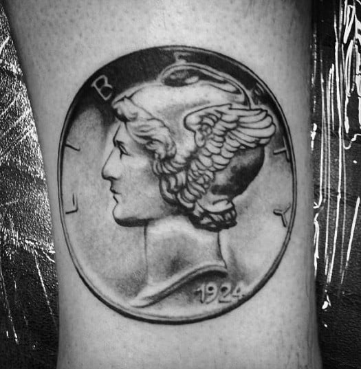 Realistic tattoo of a 1924 Mercury dime, featuring detailed shading and intricate winged Liberty design for a classic coin look.