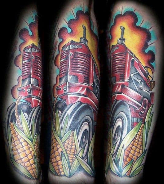Vibrant tattoo of a red tractor surrounded by corn stalks, featuring bold colors and dynamic shading for a striking farm-themed design.
