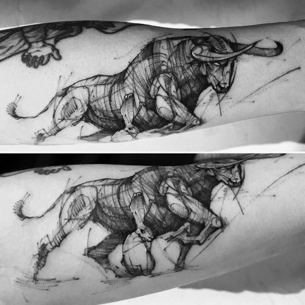 Dynamic sketch-style bull tattoo with energetic lines and shading, capturing motion and power across the inner forearm.