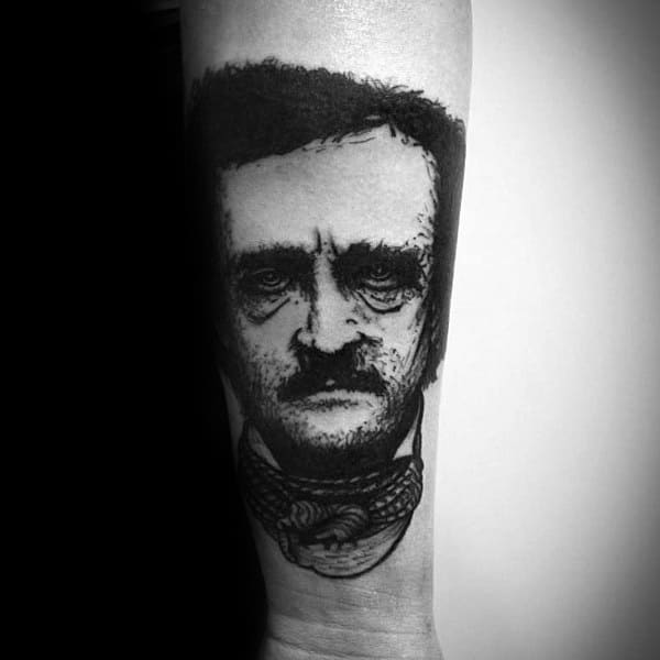 Dark blackwork tattoo of Edgar Allan Poe with intense shadows, gritty texture, and a piercing, dramatic stare.