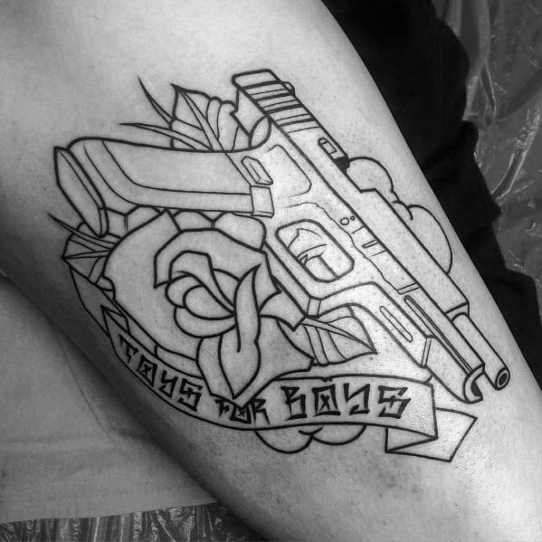 Black ink outline tattoo of a Glock pistol with a rose and a banner reading "Toys for Boys," blending firearm imagery with floral elements.