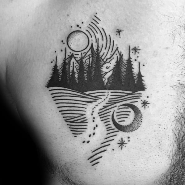 Abstract black and white tattoo of a winding trail through a pine forest with celestial elements, symbolizing mystery and adventure.
