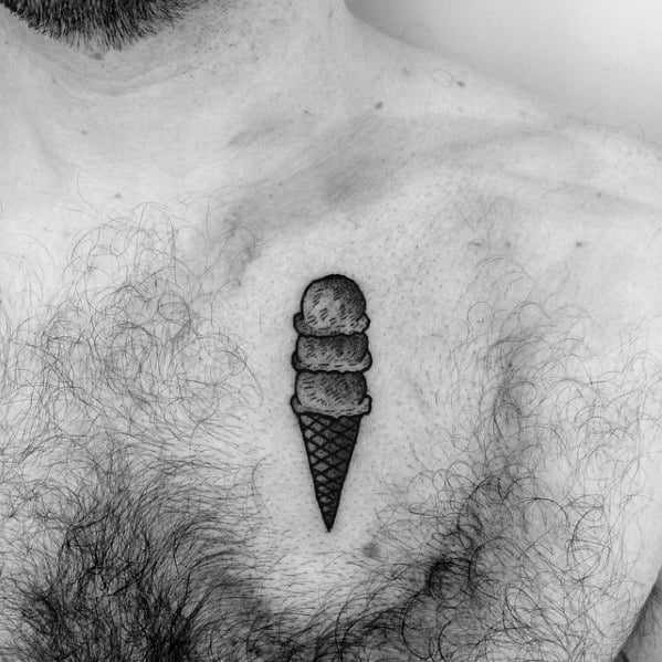 Minimalist black and grey tattoo of a double-scoop ice cream cone on the chest, featuring fine shading and clean linework.