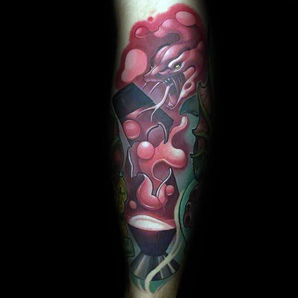 Bold lava lamp tattoo featuring a fierce monster emerging from red wax, perfect for edgy tattoo ideas for men.