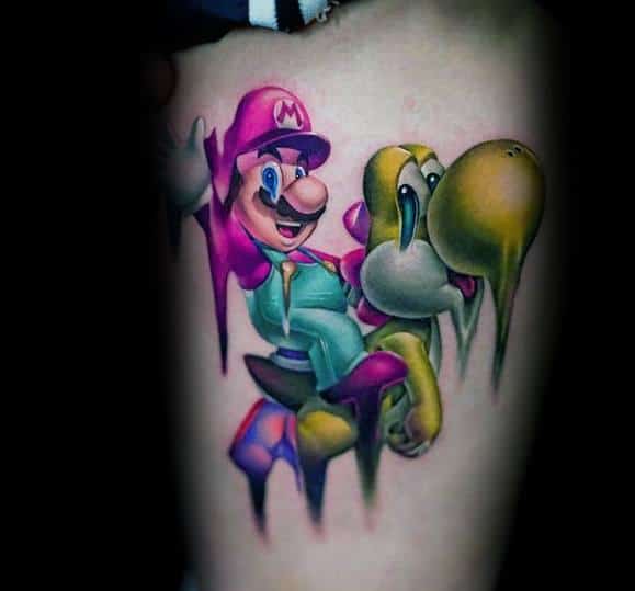 Surreal Mario and Yoshi tattoo with vibrant colors and a melting effect, creating a bold and unique take on the classic gaming duo.