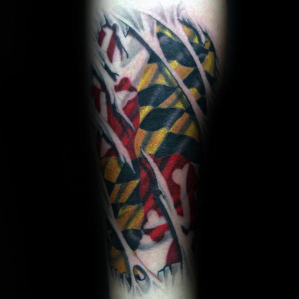 Maryland flag tattoo with a torn skin effect, creating a 3D illusion of the flag beneath ripped flesh for a bold and dynamic look.