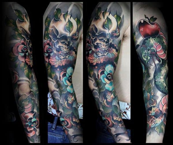 Neo-traditional full-sleeve tattoo featuring a skull, snake, vibrant flowers, and an apple, blending dark shading with rich, bold colors.