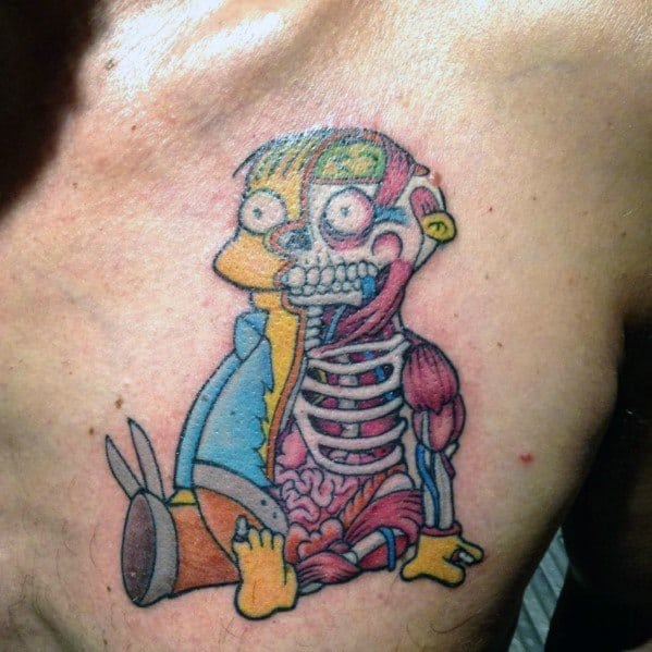 Detailed tattoo of Ralph Wiggum from The Simpsons with a half-anatomical design, revealing muscles, bones, and organs.