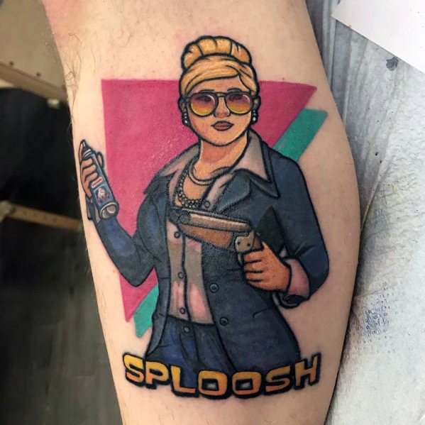 Vibrant Pam Poovey tattoo featuring her in a suit, holding a gun and spray can, with a retro geometric background and 'Sploosh' text.