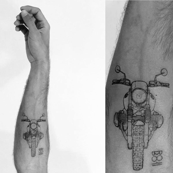 Minimalist BMW motorcycle tattoo on forearm, featuring a front-view line art design with fine details for a sleek and classic look.
