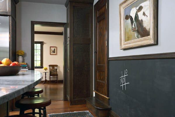 Rustic kitchen featuring dark wood trim, chair rail molding, chalkboard-painted walls, and farmhouse-style decor