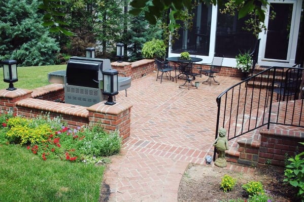 Brick patio with grill, lush plants, cozy chairs, and garden area near the screened porch