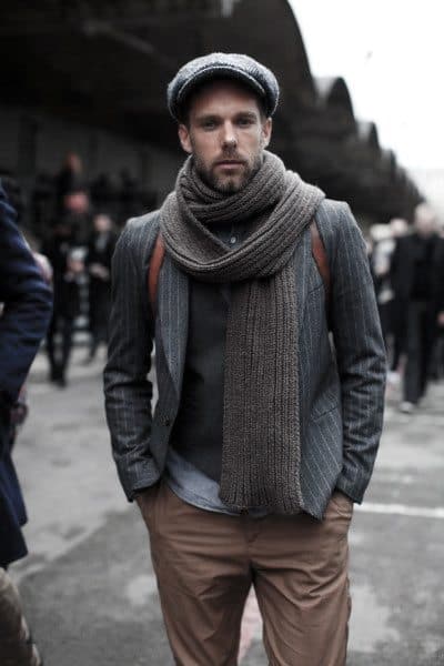 Exceptional Guys Styles With Casual Wear Chunky Grey Scarf And Tan Pants