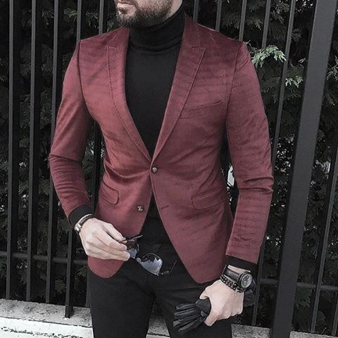Exceptional Guys Styles With Trendy Outfits Burgundy Red Blazer With Black Turtleneck Sweater