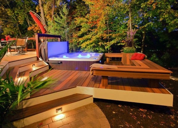 tiered wood deck hot tub wood bench seating