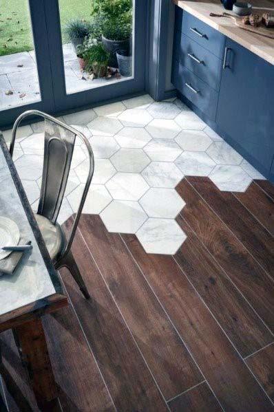 hexagon tiles and wood combination