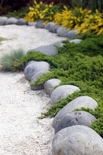 A pathway bordered with large, round stones, complementing the greenery and yellow flowers along the edges.
