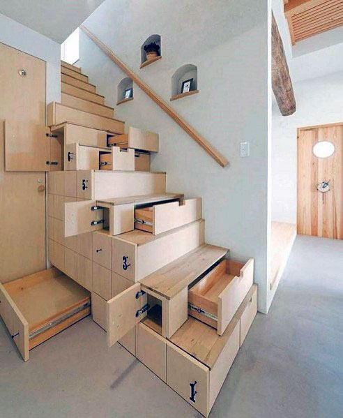 wooden stairs with drawer storage