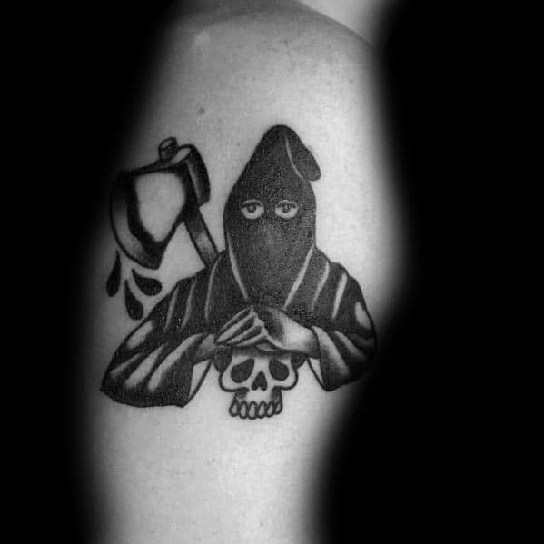 Blackwork executioner tattoo featuring a hooded figure gripping a skull, with a bloodied axe dripping beside them in bold shading.