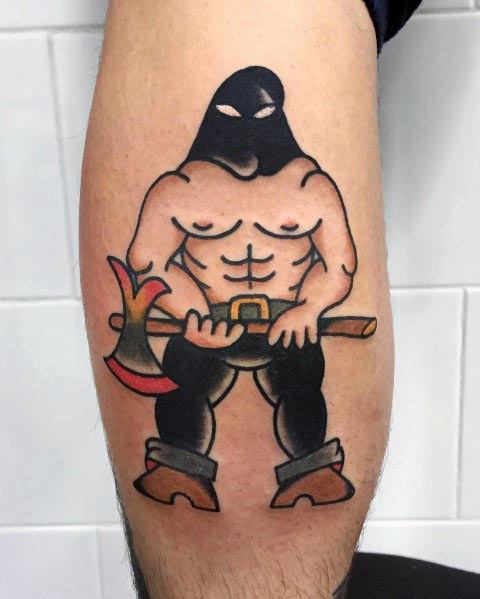 Bold executioner tattoo featuring a muscular, masked figure holding a blood-tipped axe, designed in a neo-traditional style with strong lines.