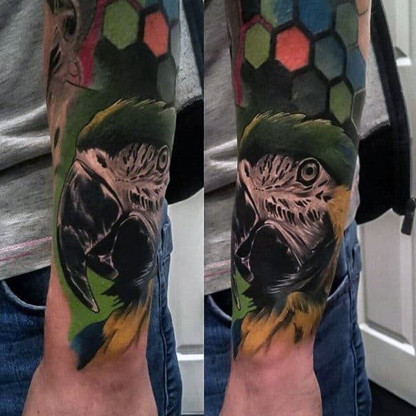Exotic Bird Mens Colorful Forearm Sleeve Tattoo