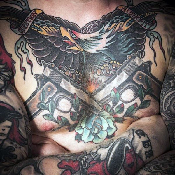 Exotic Eagle And Pistol Tattoo On Full Torso Male